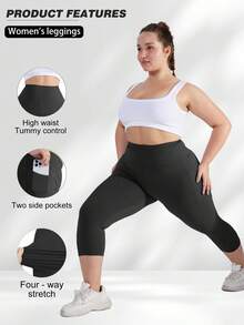 3 Packs Capri Leggings With Pockets High Waist Cropped Trousers Yoga Pants For Women Running Active 3/4 Length Leggings For Workout Exercise & Fitness Plus Size Solid Black - 3黑 - 查看 2