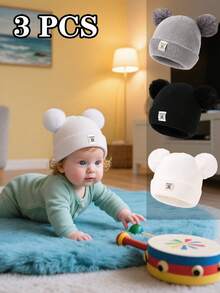 3 件套婴儿冬帽套装 - 适合幼儿男孩和女孩的柔软针织帽，保暖婴儿帽 - 彩色 - 查看 2