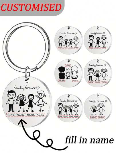 1 pieza Llavero personalizado de acero inoxidable con nombre de familia, colgante redondo personalizado con diseño "Familia para siempre", opción de grabado de nombre para seres queridos, regalo de estilo simple para familias, para hombre, mujer, mascotas, accesorios, regalos, joyería de acero inoxidable, regalos para parejas, regalos personalizados para el Día de San Valentín, cumpleaños, aniversario (3*3cm), baratijas