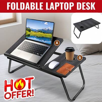 AutoFu Adjustable Tilting Top Laptop Bed Table With Height Adjustable Folding Legs & Cup Holder, Portable Lap Desk Tray With Book Stand For Reading, Working, Eating On Bed, Sofa