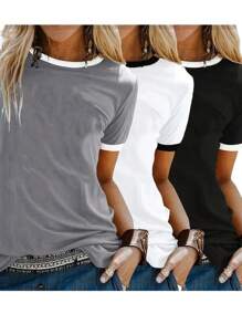 Women's Spring Summer Casual Solid Color Short Sleeved Round Neck T-Shirt - 黑與白 - 查看 1