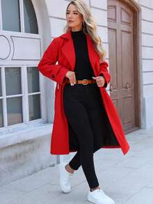 Damen Neuer einfarbiger langer Freizeitmantel mit Doppeltaschen und Gürtel, geeignet für Partys, Alltag, formelle Abendanlässe im Herbst/Winter