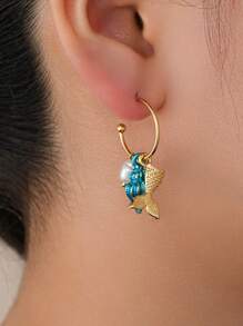 1 对金色海洋风格耳环，配珍珠、粉色贝壳和鱼尾吊坠，甜美童话海洋元素设计，适合度假佩戴 - 彩色 - 查看 5