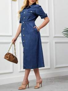 Ladies' Denim Skirt With Practical Pockets, Front Button Design, Casual Denim Skirt, Fashionable Daily Wear, Perfect For Summer And Spring. - 深色水洗藍 - 查看 3
