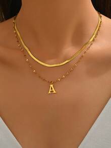 1pc Minimalist Stainless Steel Double Layer Necklace With Uppercase Letter Pendant, Suitable For Women's Daily Wear Or As A Gift For Friends - Yellow Gold - View 1