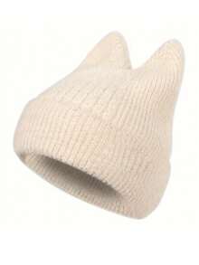 Gestrickte Mütze für Damen mit niedlichen Katzenohren, warmer Beanie, dehnbare Strickkomposition, lässige Outdoor-Mode, einfarbig, Polyester, Herbst/Winter