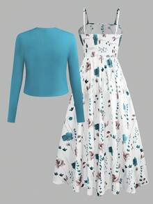 Bộ đồ nữ thanh lịch họa tiết da báo gồm áo hai dây, áo corset và áo khoác len, thích hợp cho mùa xuân. - Màu xanh ngọc - Xem 2