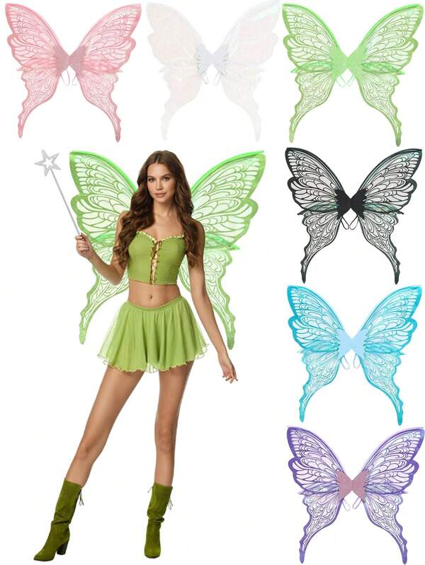 1pc/4pcs Fairy Butterfly Wings, Carnival Party Performance Props, Shiny Butterfly Wings Wedding Dress Angel Wings, Women's Mardi Gras Costume Accessories, Gold Foil Colorful Wings Flower Headband Elf Ears