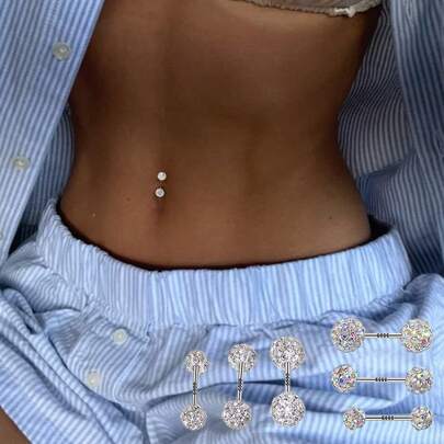 1枚S925纯银闪亮球形肚脐环，可选4毫米白钻、5毫米白钻、6毫米白钻、4毫米彩色钻、5毫米彩色钻、6毫米彩色钻款式，适合日常佩戴，是送给女友、妈妈、姐妹的绝佳礼物。