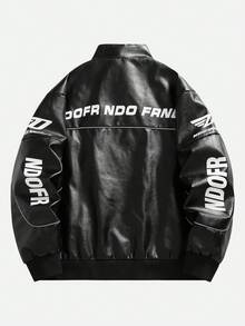 Men's Black Graphic Letter Print Fashion Versatile PU Leather Long Sleeve Jacket, Fall, Grunge - Black - View 2