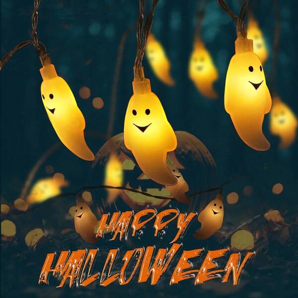 1 pieza Luz de cadena de fantasma blanco LED de 10/20 unidades, alimentada por batería, lámpara decorativa para el hogar, jardín, dormitorio, sala de estar, ventanas, festividades, fiesta de Halloween, decoración del hogar, decoración de fiesta, decoración de Halloween, decoración de habitación, decoración de jardín de Halloween como regalo, hadas