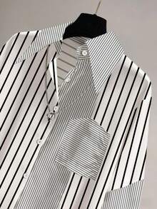 Casual Women Striped Contrast Color Drop Shoulder Long Sleeve Button Lapel Pocket Asymmetric/Asymmetrical Design Back Slit Loose Casual Shirt With Stylish Design, Suitable For Daily Casual And Commuting Wear - Multicolor - View 4