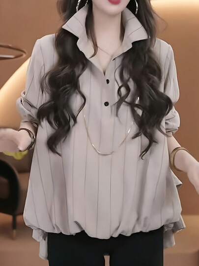 エレガントなフレンチコーヒーカラーのストライプ長袖シャツ - ルーズバージョン、非対称裾多機能カジュアル通勤トップ、2025年春秋女性用プラスサイズプリントボタンフロントシャツ、ゆったりシルエットカジュアル長袖シャツ