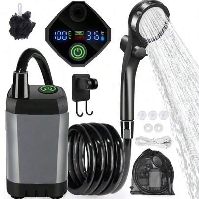 Portable Shower With Pump & LED Screen | 2m Hose For Camping, Hiking, Car Washing & Pet Cleaning | 6000mAh Battery, 4 Water Modes, IPX7 Waterproof