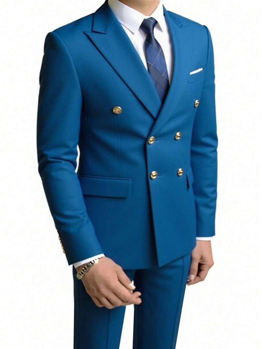 Setelan Jas Pria Model Baru, Warna Polos, Potongan Slim Fit, Bahan Stretch, 2 Potong, Termasuk Jaket Kancing Ganda & Celana Panjang, Pakaian Jas Formal untuk Kerja - Teal Blue - View 1