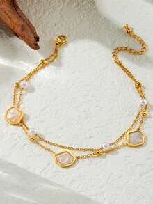 1 件优雅贝壳心形蝴蝶吊坠女士双层珍珠脚链，时尚、闪亮、性感风格，夏季海滩脚链，珠宝礼物脚链，送给美丽女士的完美节日礼物