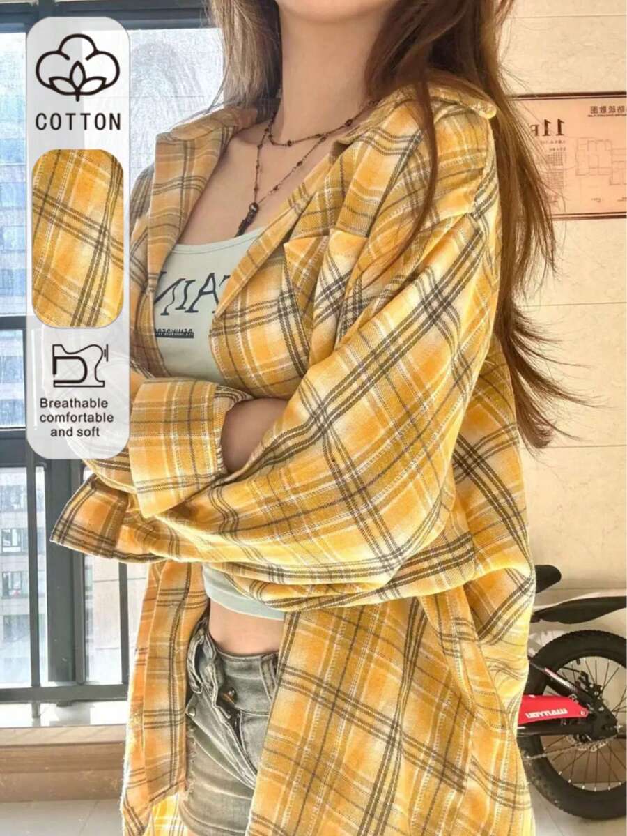 女士秋冬新品畅销休闲复古舒适棉质格子长袖外套