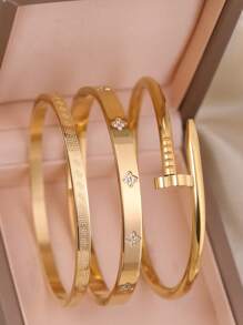 3pcs/1pc Fashion 18K Gold Plated Stainless Steel Four-Leaf Clover Nail Bracelet, Suitable For Women's Party, Daily Wear, European And American Style, Personalized, Generous, Luxury Cubic Zirconia Wristband, Wedding Jewelry Set, Gift For Girls, Women, Relatives, Friends, Beautiful Wedding, Birthday, Valentine's Day