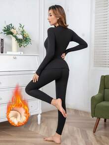 2pcs Women's Autumn/Winter Set, Thermal Lined Solid Color Stretchy Comfortable Long Sleeve Top And Pants - màu đen - Xem 4