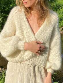 Women's Fuzzy Knit Sweater Long Lantern Sleeve Open Front Solid Color Cardigan Fall Coat - White - View 3