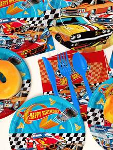 170pcs Hot Birthday Decorations Tableware Racing Car Theme Party Supplies Set Include Happy Birthday Banner, Plates(350g Thick Paper),  Napkins, Cups, Forks, Spoons, Knives And Tablecloth Kit For Serve 24 - 彩色 - 查看 6