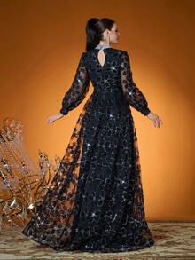 3D Floral Embroidered Pearl Collar Lantern Sleeve Elegant High Neck Illusion Prom Dress, Suitable For Prom, Wedding, Party, Wedding Guest, Evening Gown - Black - View 2