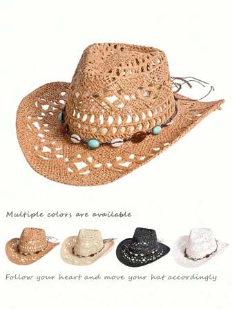 1pc , Solid Color Boho Casual Beaded Straw Panama Hat, Hollow Gem Decor, Fashion Sun Hat For Versatile Wear, Work And Commute