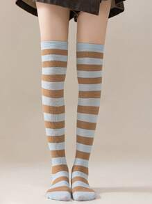 1 Pair Women Over Knee Socks, Cosplay Anime Character Uniform, Japanese Style Striped & Solid Thigh-High Stockings