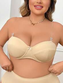 Women Beige Plus Size Unlined Underwire Bra Strapless Backless Invisible Underwear - Beige - View 1