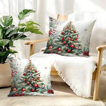 2pcs Christmas Tree Printed Pillow Cover Set - Peach Velvet Pillow Case 45*45cm