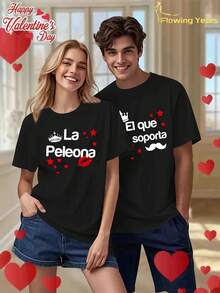 1PC A Couple'S Outfit Featuring A New Spanish Love Quote Print, Casual Spring And Summer Sports T-Shirt With A Round Neck And Short Sleeves, Sold Individually, Perfect As A Holiday Gift. - 男款 - 查看 2