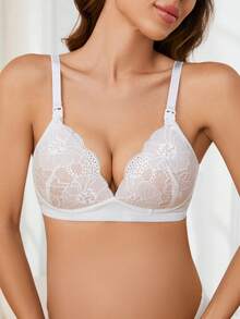 Maternity Contrast Color Lace Patchwork Spaghetti Strap Back Hook Closure Bra - White - View 3