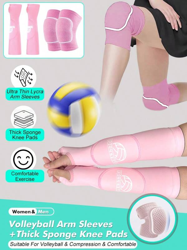 1 set - 1 paire de manchettes de bras pour le volleyball + 1 paire de manches de genou épaisses en éponge. Manches de bras avec coussinets et trou pour le pouce, adaptées pour le volleyball, hommes et femmes.