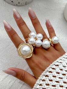 8 件/3 件复古优雅时尚夸张波西米亚风格仿珍珠金属纽扣几何线条环绕戒指套装，个性化奢华高端指节戒指适合男女，度假，派对，婚礼，日常佩戴，多功能珠宝 - 金黃色 - 查看 4