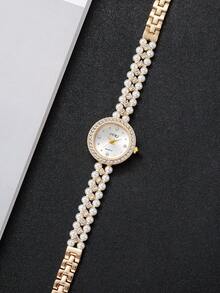 1pc Women's Pearl & Rhinestone Decorated Watch Band With Rhinestone Dial Elegant Quartz Bracelet Watch, Does Not Include Watch Box - 金色 - 查看 6