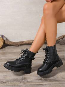 2025 New Autumn/Winter Women Boots, Fashion Versatile Casual Boots, Side Zipper Women Ankle Boots, Lace-Up Women Shoes, Warm Winter Women Boots, Flat Comfortable Women Boots - Black - View 5