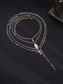 4件套复古奢华彩色水晶Y形项链，男士朋克金属耶稣十字架吊坠长项链套装，万圣节服装配饰 - 十字架 - 查看 5