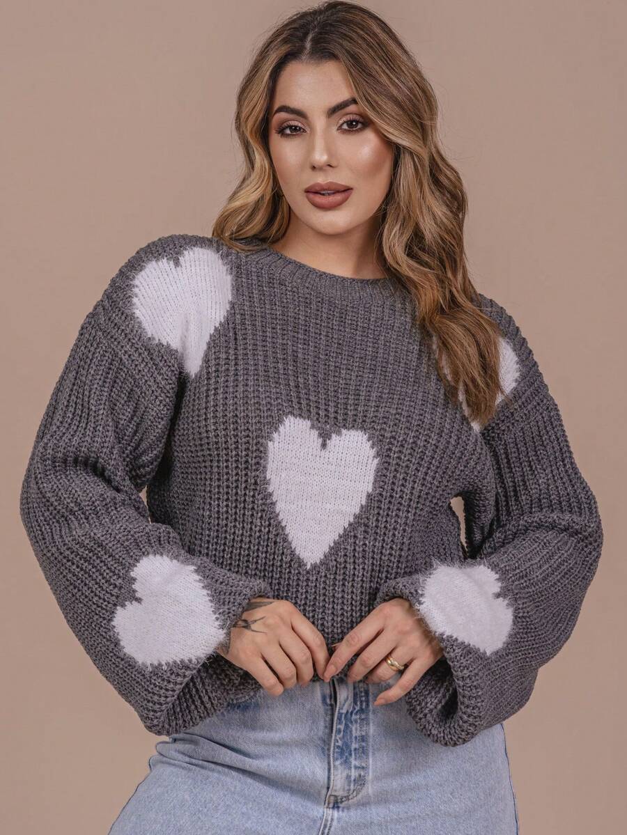 Heart Blouse With Fur Knit Wool Fang Puff Sleeve Women's Oversize Winter Cold Laffy Knit - 以白色為首 - 查看 1