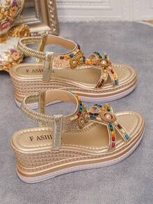 Giày sandal đế xuồng phong cách Bohemian dành cho nữ, giày cao gót đế dày mùa hè mới 2025, giày sandal đế xuồng đế dày kiểu La Mã - Vàng - Xem 7