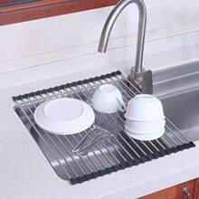 Multifunctional Kitchen Sink Dish Drainer Rack With Dish Drying Mat, Foldable Stainless Steel Dish Drain Roll Up Rack - Multicolor - View 10