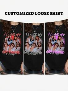 Customized Photo T-Shirt - Add Your Favorite Photo And Text (Girlfriend Photo/Couple Photo/Family Photo/Selfie/Pet Photo/Friend Photo) - Black - View 4