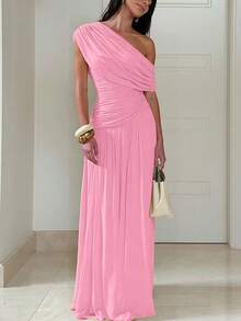 女士纯色斜领褶皱长连衣裙，修身显瘦，优雅性感派对礼服，粉色夏季 - 粉色 - 查看 2