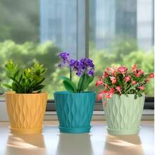 6 个 4 英寸 3D 波浪设计塑料花盆，带托盘和排水孔，适用于室内外植物、花卉、草本植物、多肉植物和幼苗，形状独特，色彩鲜艳，实用性强，装饰性强 - 彩色 - 查看 6
