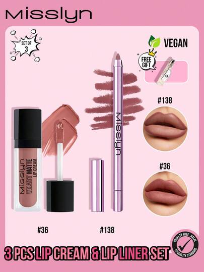  MISSLYN 三件套唇膏唇线笔套装，丝绒哑光唇膏，轻盈持久，显色度高，质地顺滑，完美勾勒唇形，便捷旋转设计