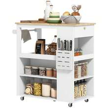 HOMCOM Carrello da Cucina con Ruote, Ripiani Regolabili e Portacoltelli, Isola Cucina con Piano di Lavoro in Legno di Caucciù, per Cucina e Soggiorno, 86.5x47x88 cm, Bianco - Bianco - Visualizzare 3