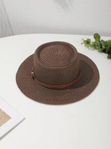 قبعة قش بوهيمية بإبزيم جلد بني محدب مسطح، مناسبة للاستخدام الخارجي في الصيف والسفر والعطلات