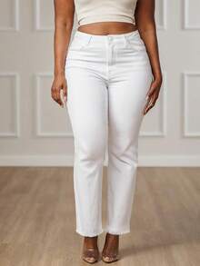 Plus Size White Denim Straight Leg Jeans With Raw Hem And Pockets High Stretch Long - 白色 - 查看 2