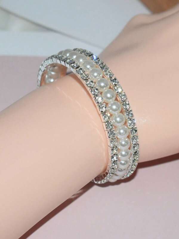 1pc Luxury Elegant Faux Pearl Studded Bangle Bracelet, Fashion Party Accessory For Women