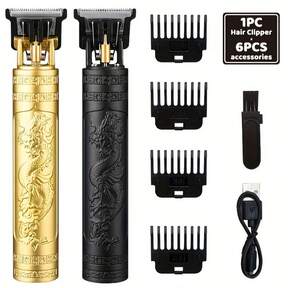 Professional Hair Clipper For Men, Dragon Engraved Cordless Trimmer With T-Blade, USB Rechargeable Beard & Hair Cutting Machine, 4 Guide Combs, Low Noise Barber Tool For Home & Salon