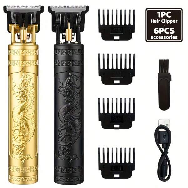 Professional Hair Clipper For Men, Dragon Engraved Cordless Trimmer With T-Blade, USB Rechargeable Beard & Hair Cutting Machine, 4 Guide Combs, Low Noise Barber Tool For Home & Salon